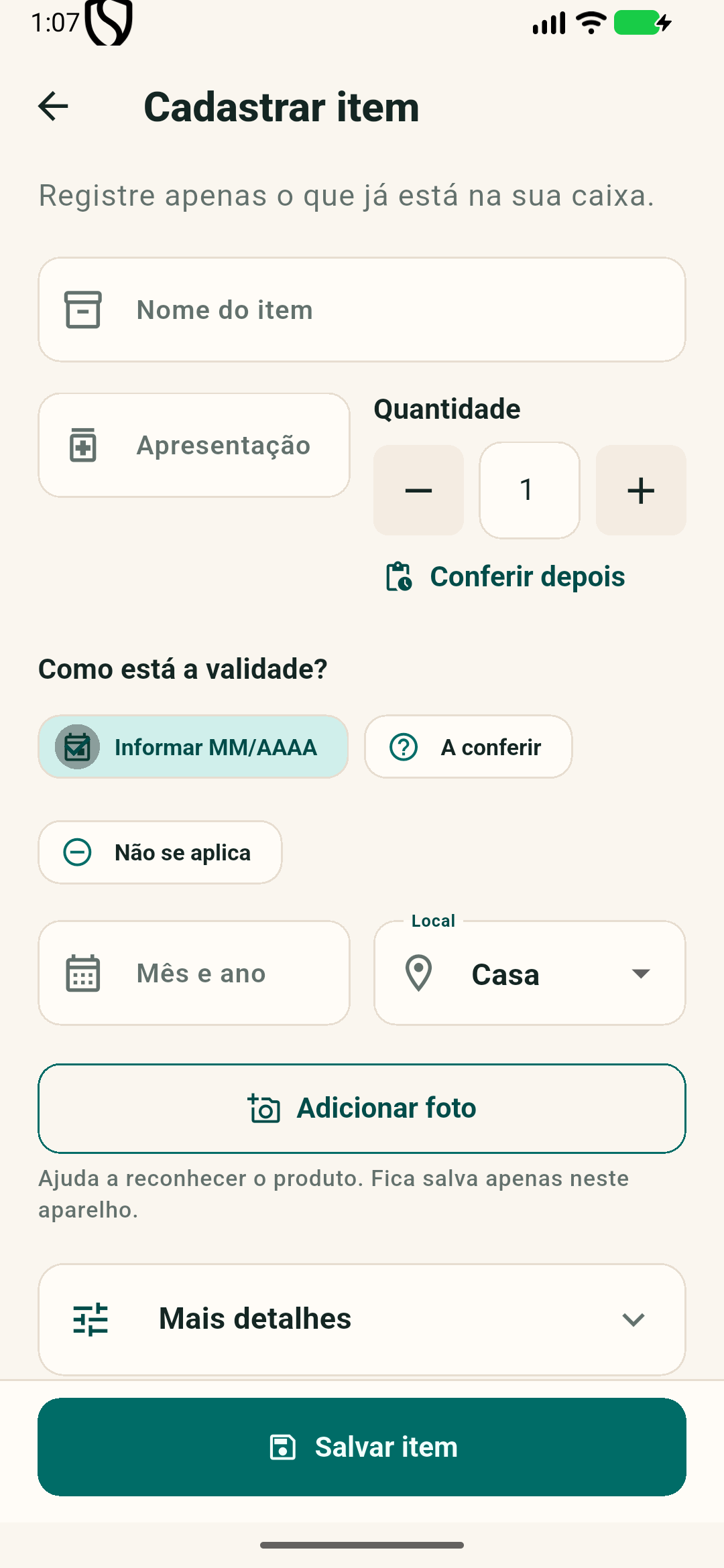Tela de cadastro de item da Farmacinha