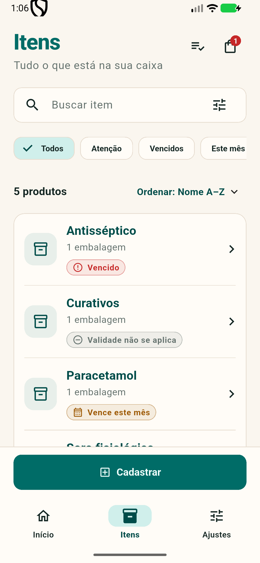 Tela de itens da Farmacinha com produtos agrupados