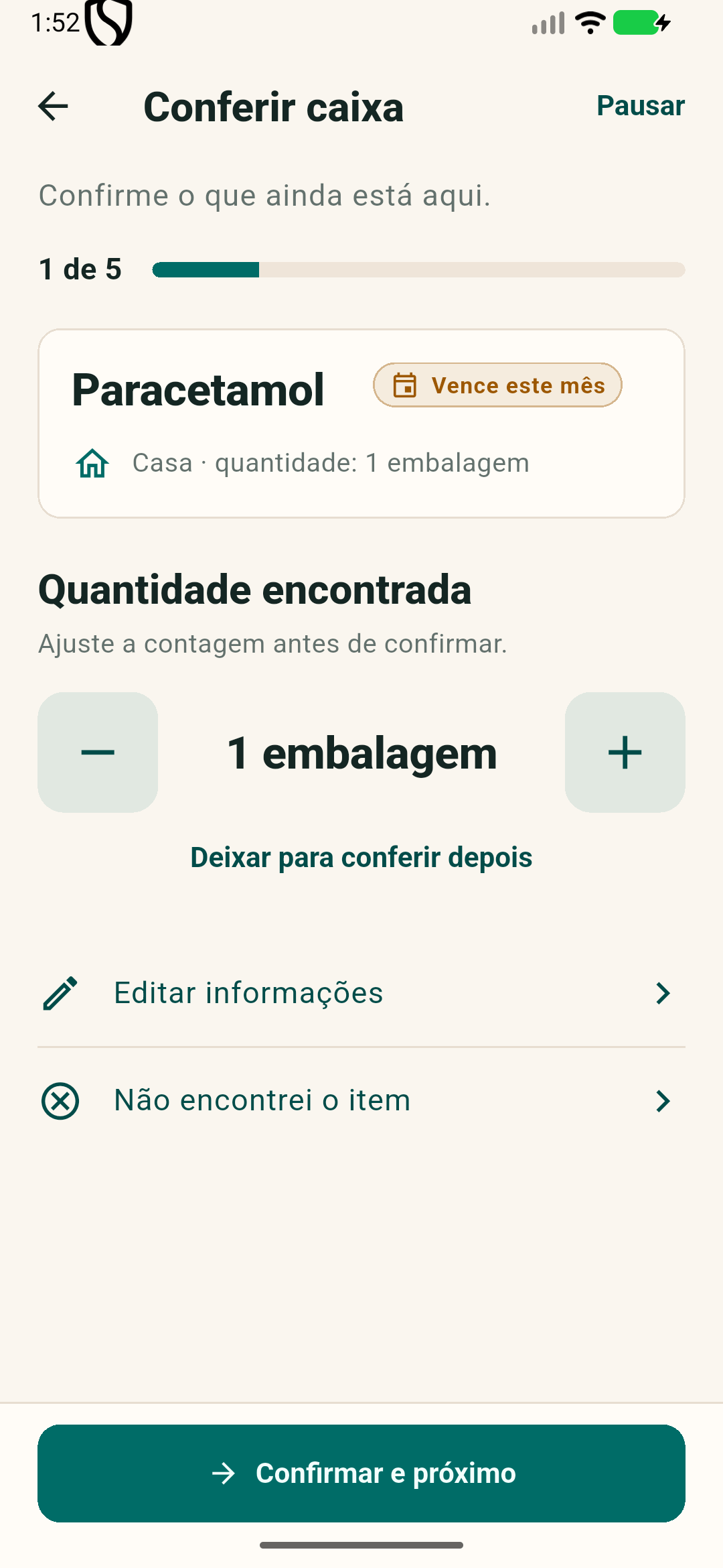 Tela de revisão da caixa na Farmacinha
