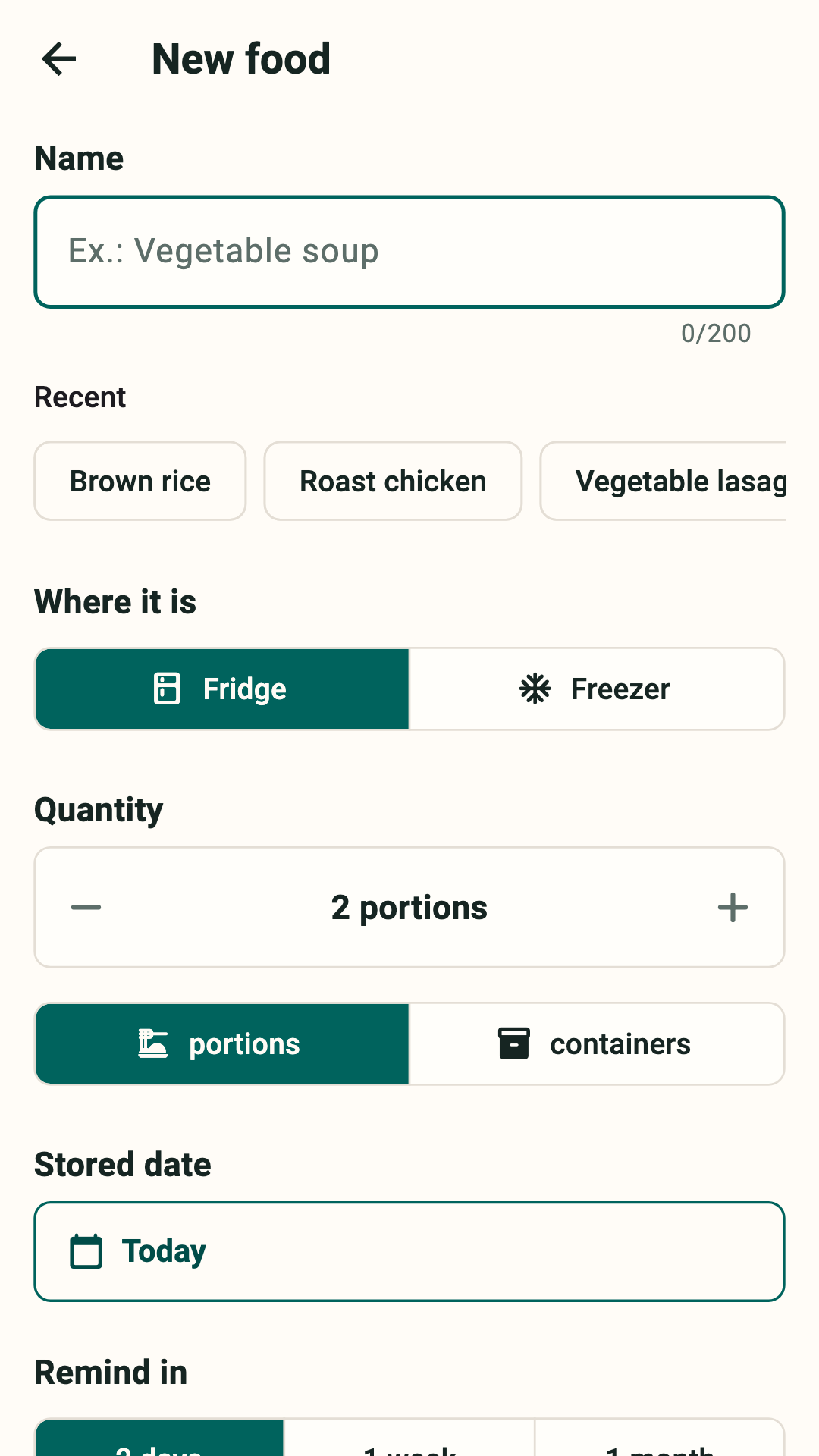 ProntoBox form for adding ready food