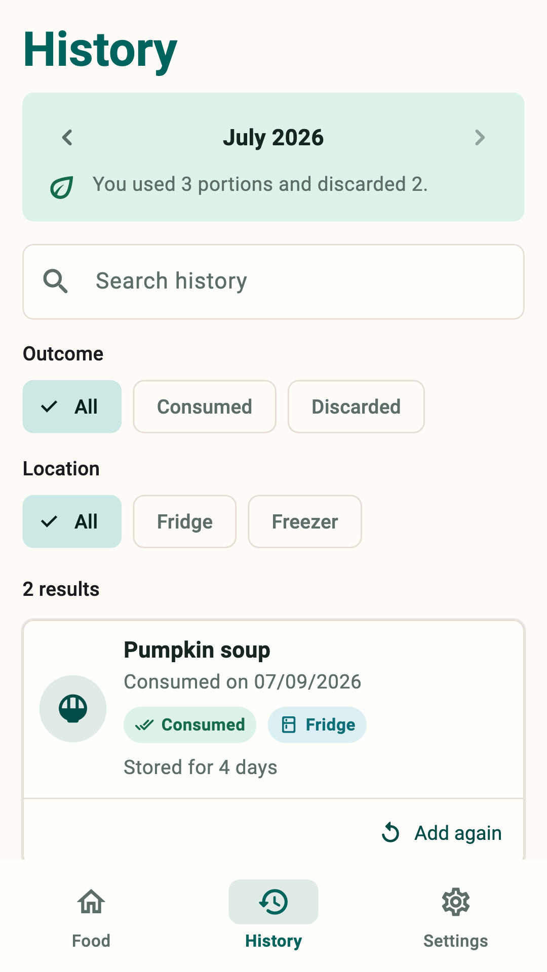ProntoBox history with consumed and discarded food