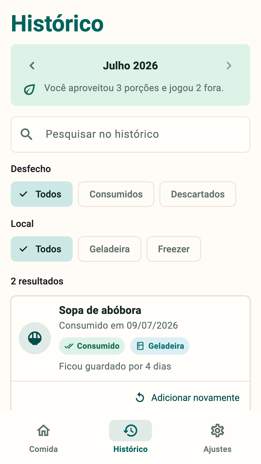 Histórico do ProntoBox com comidas consumidas e descartadas