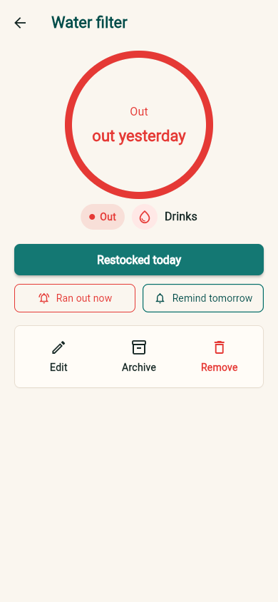 Repleta item detail screen with the Restocked today action