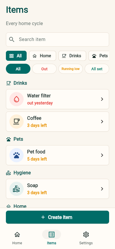 Repleta items screen with filters and categories
