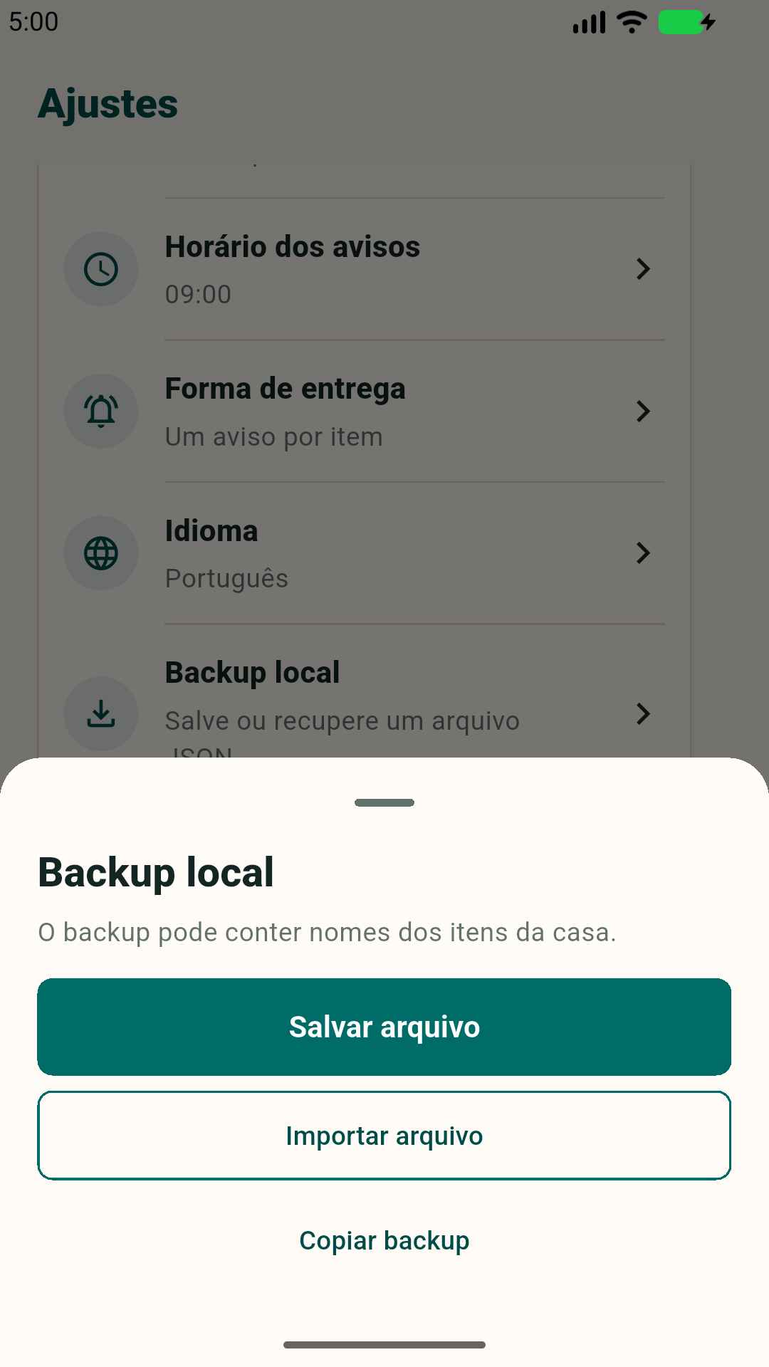 Tela de backup local do Repleta com opções para salvar e importar arquivo