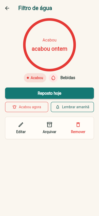 Tela de detalhe do item Café com ação Reposto hoje