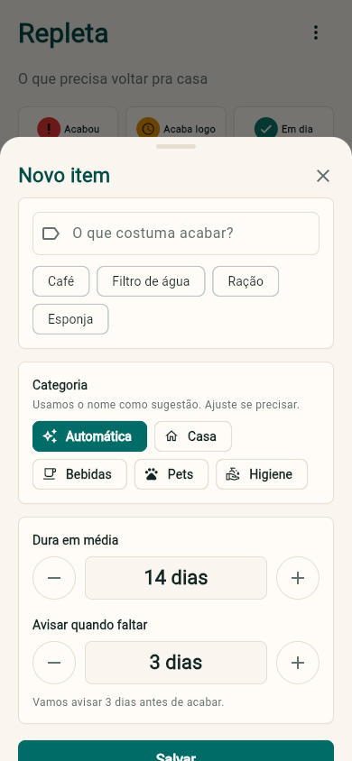 Tela de novo item do Repleta