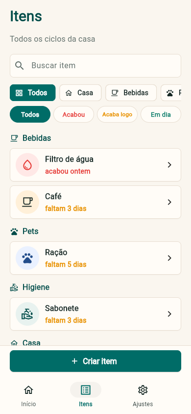 Tela de itens do Repleta com filtros e categorias
