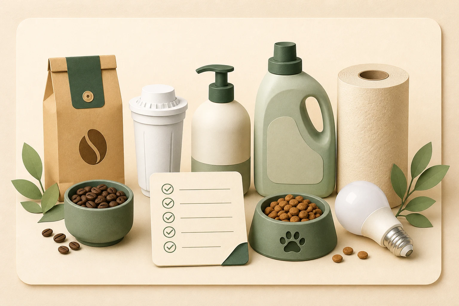 Itens de cozinha, limpeza, higiene e pet organizados com um checklist