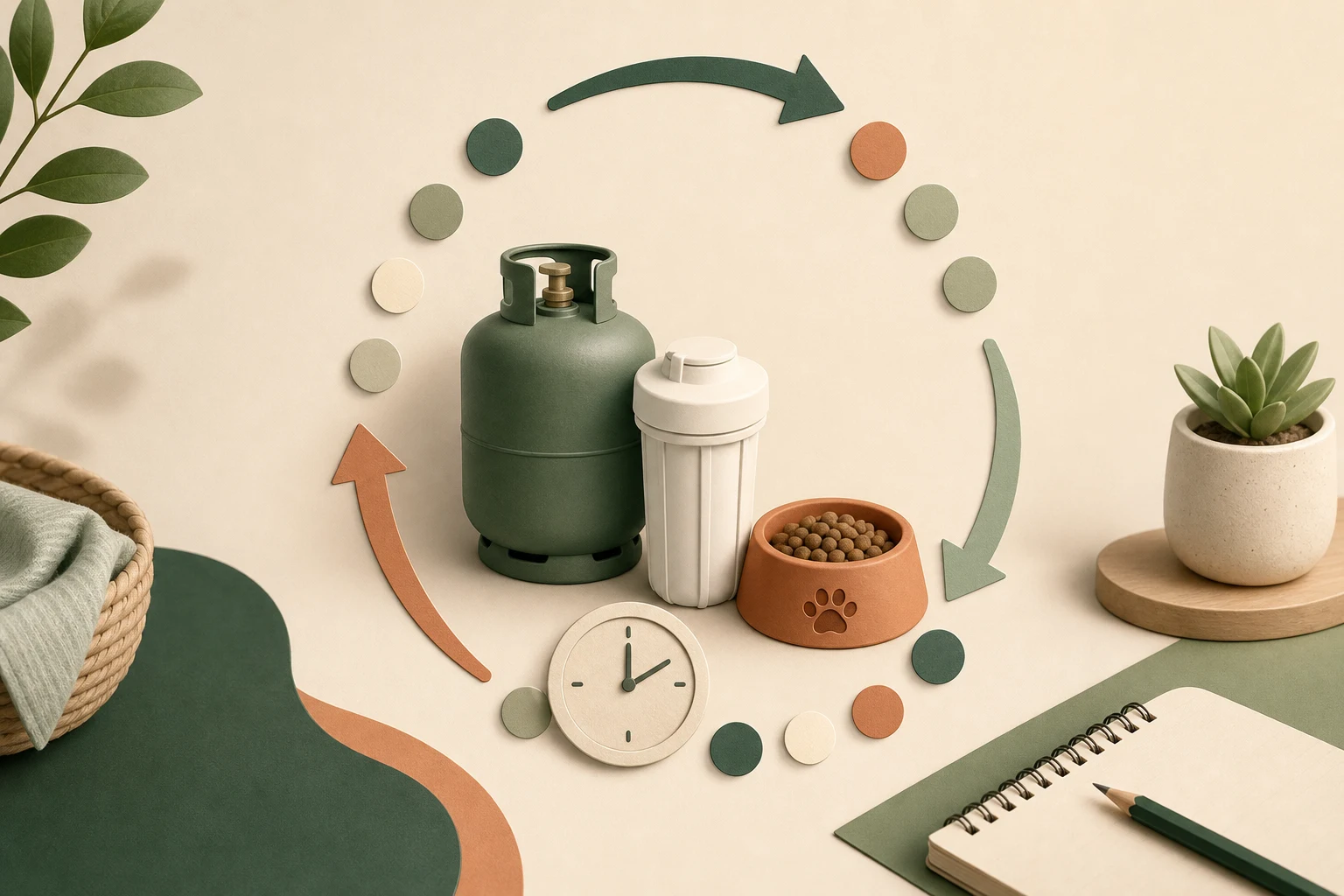 Setas circulares ao redor de gás, filtro de água e ração