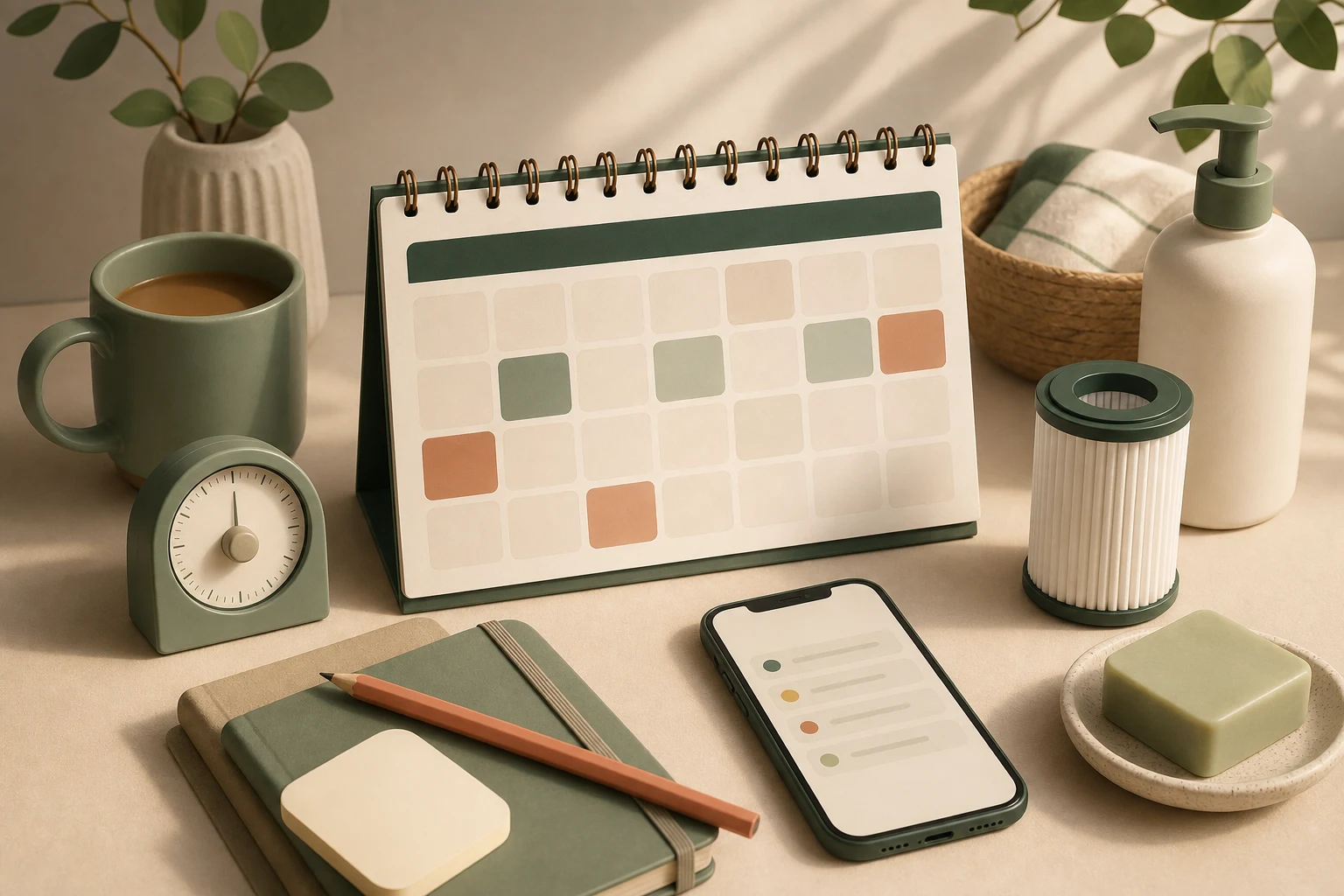 Calendário semanal, celular e itens domésticos em rotina de reposição