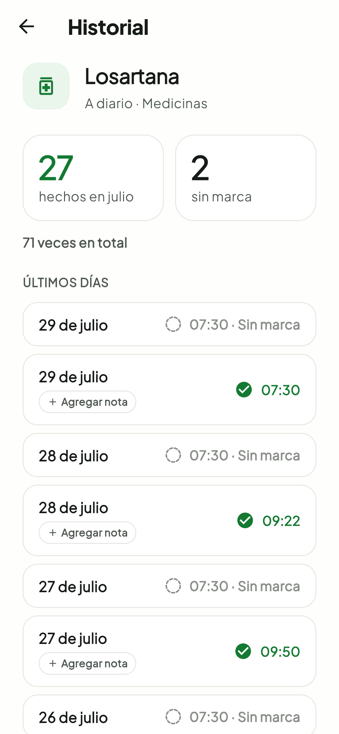 Pantalla de Tick con progreso e historial de un ítem