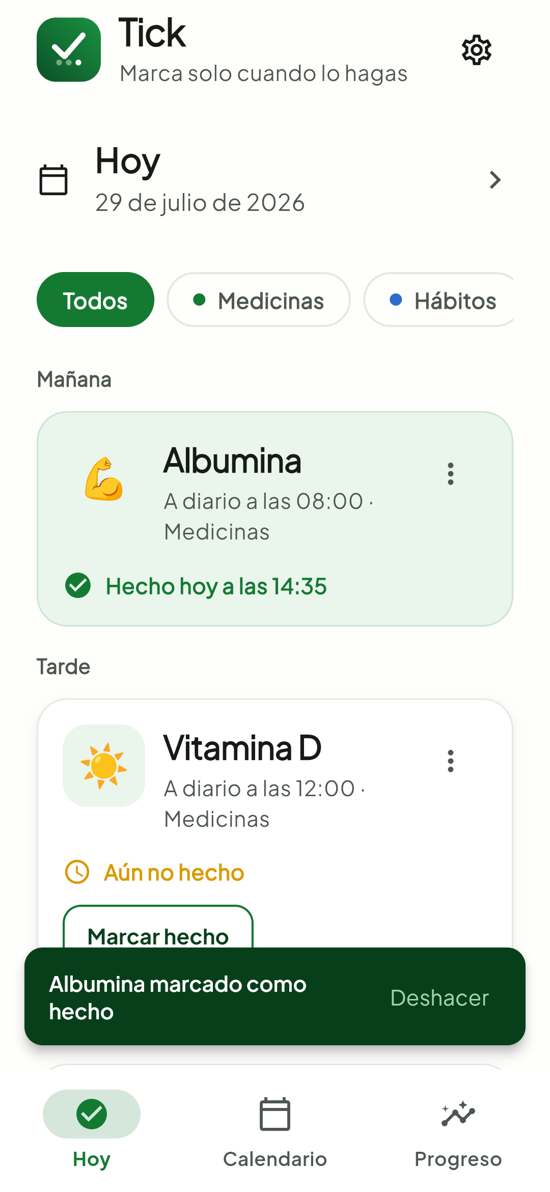 Pantalla de ítem de Tick con acción para marcar hecho