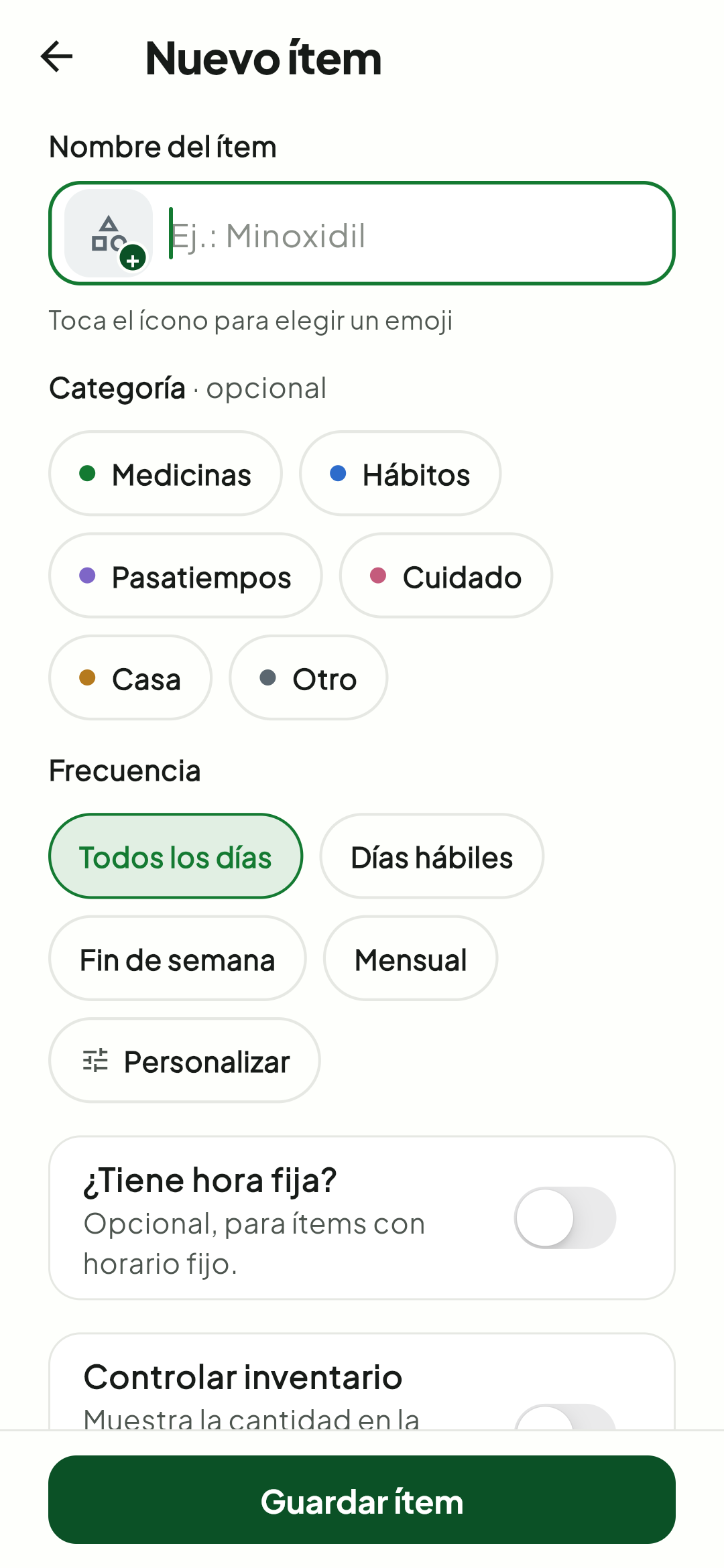 Pantalla de nuevo ítem en Tick