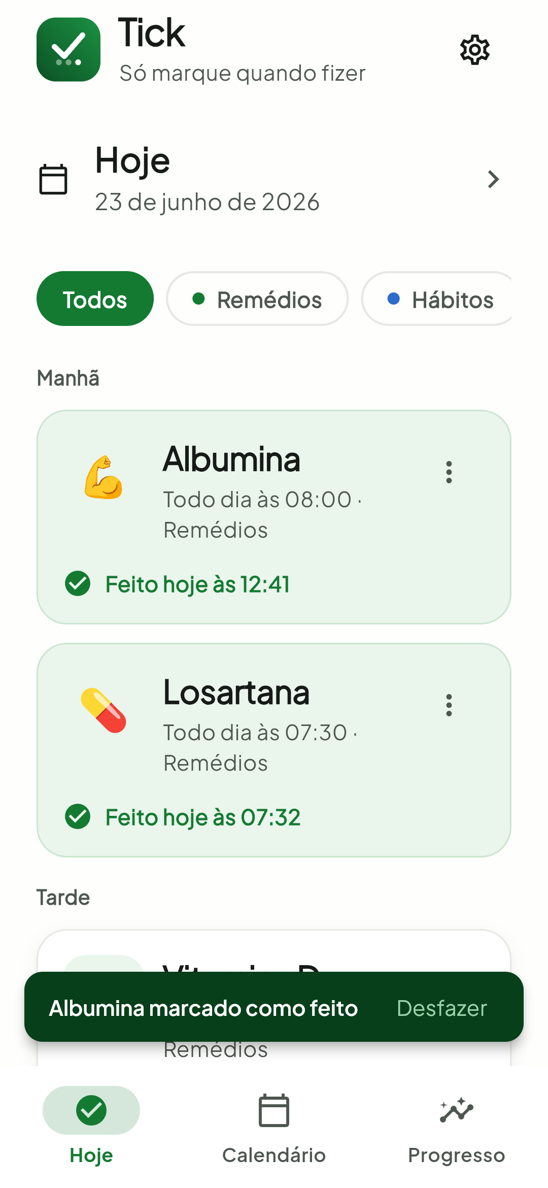 Tela de item do Tick com ação Marcar feito