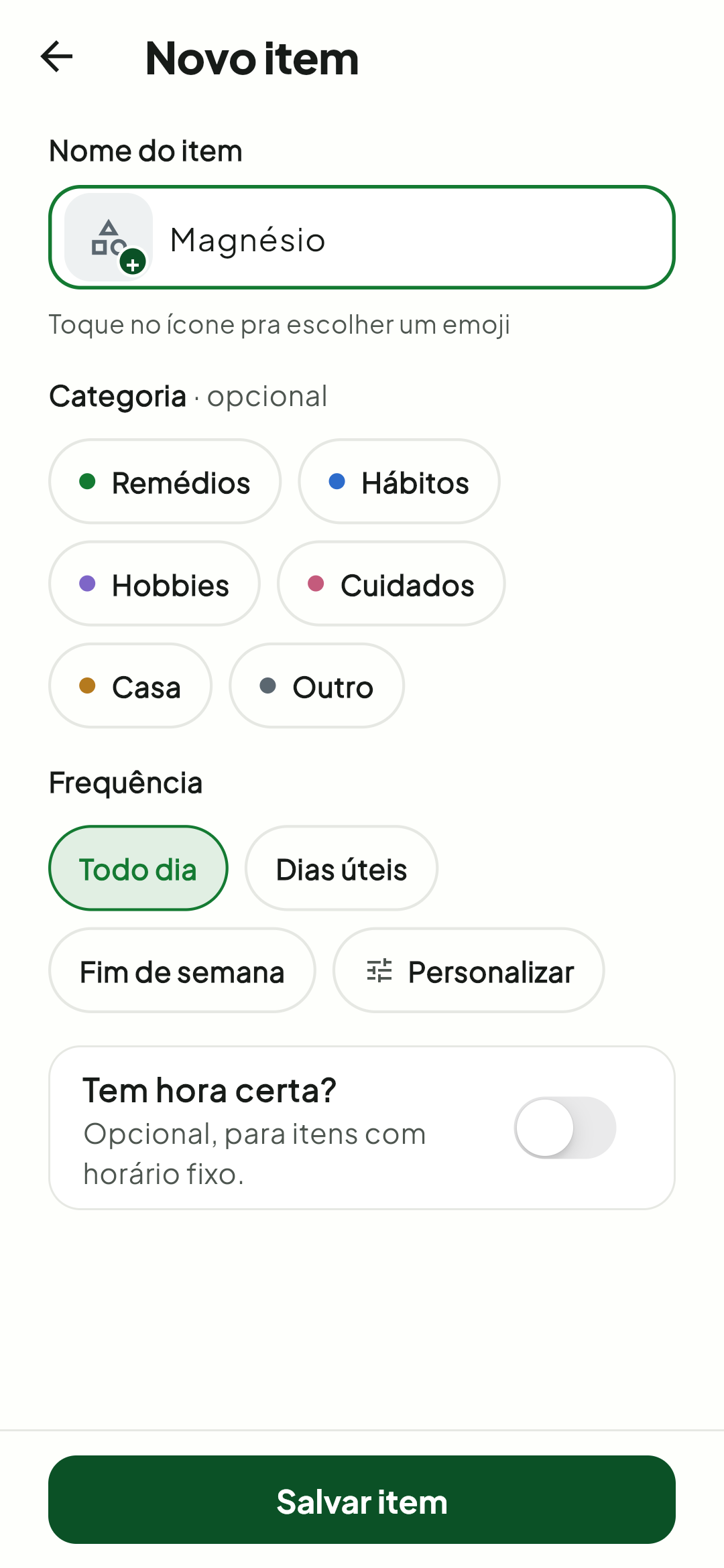 Tela de novo item do Tick
