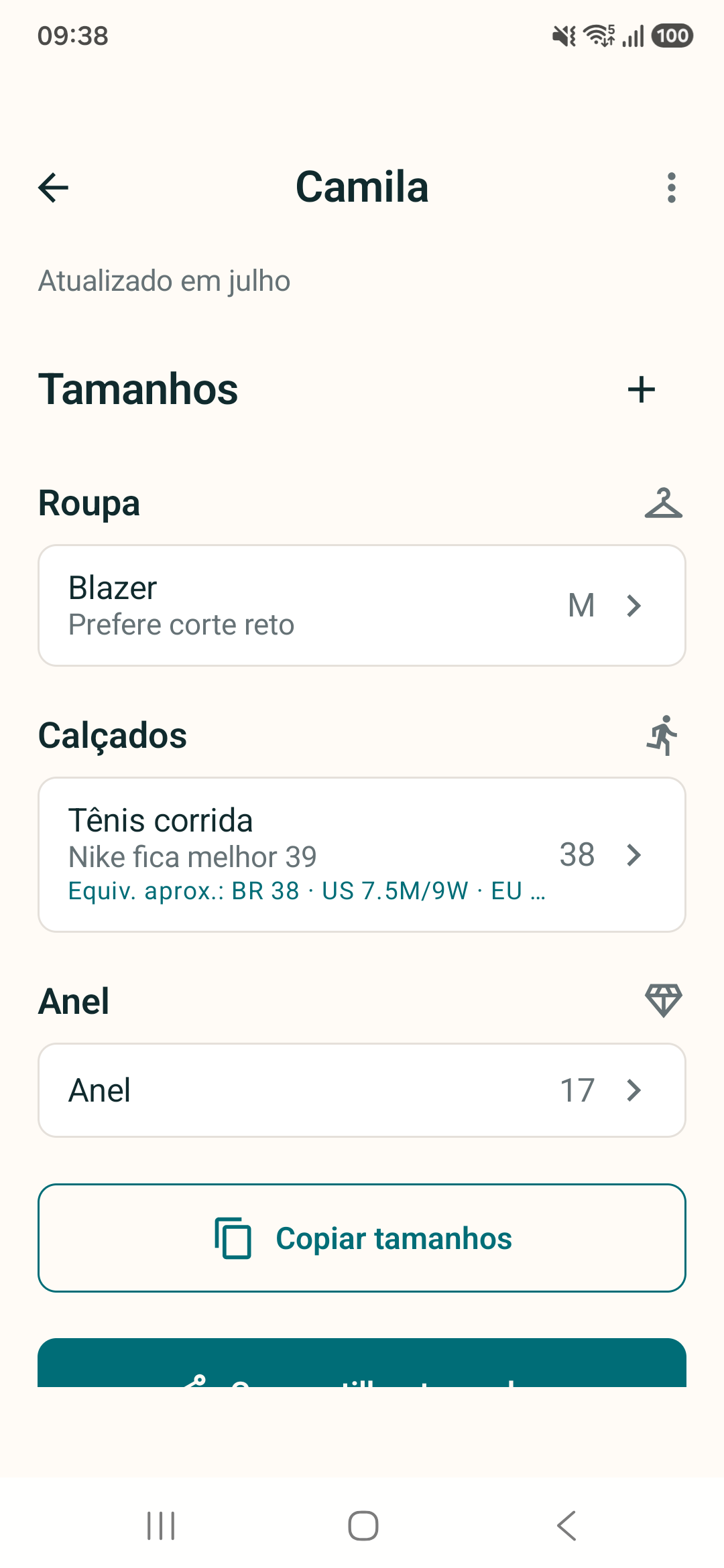 Perfil do Veste com tamanhos de uma pessoa