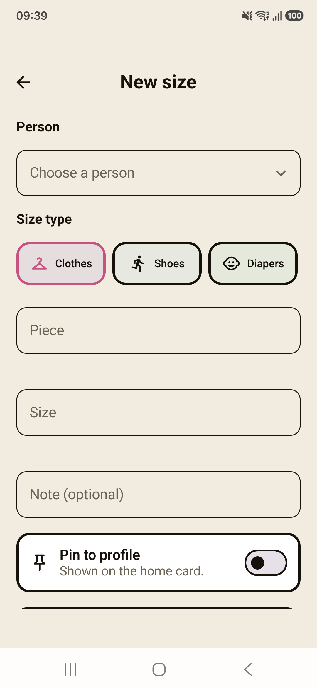 Veste form for saving a new size