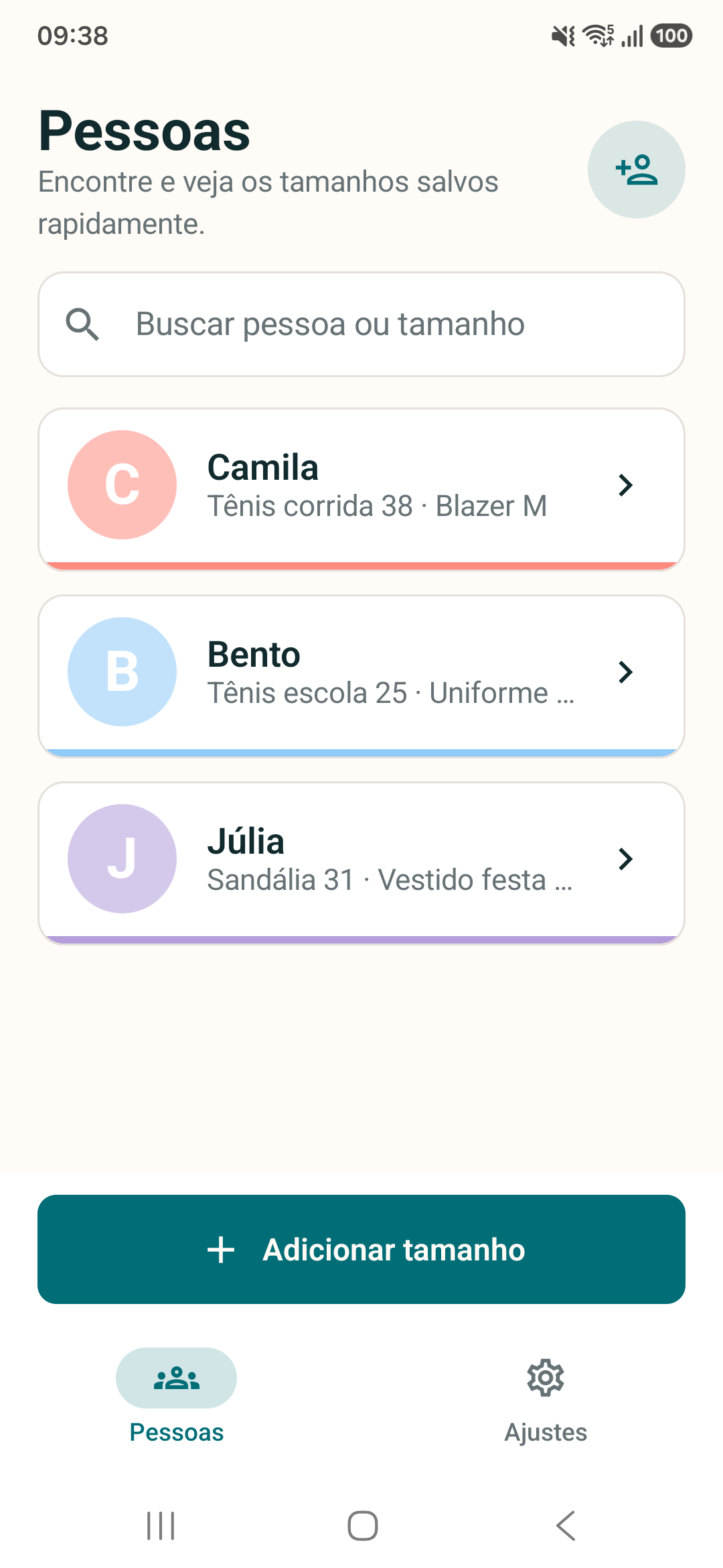 Tela inicial do Veste com pessoas e tamanhos favoritos